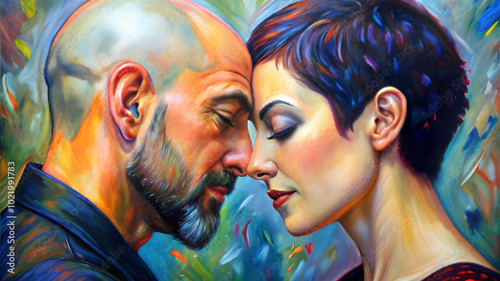 Fototapeta premium Emotional portrait of a couple, intimate mood, close connection in vibrant artistic style