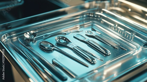 A close-up of medical instruments displayed on a clean tray