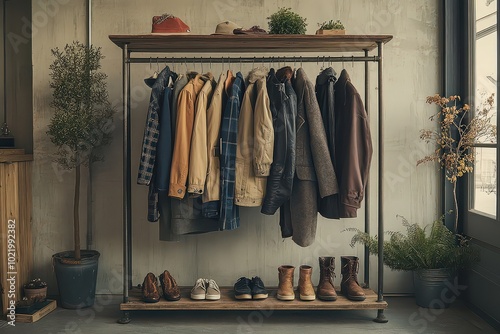  Wardrobe transition displayed with coat rack holding both light jacket and heavier wool coat, sandals next to ankle boots, symbolizing seasonal change. photo