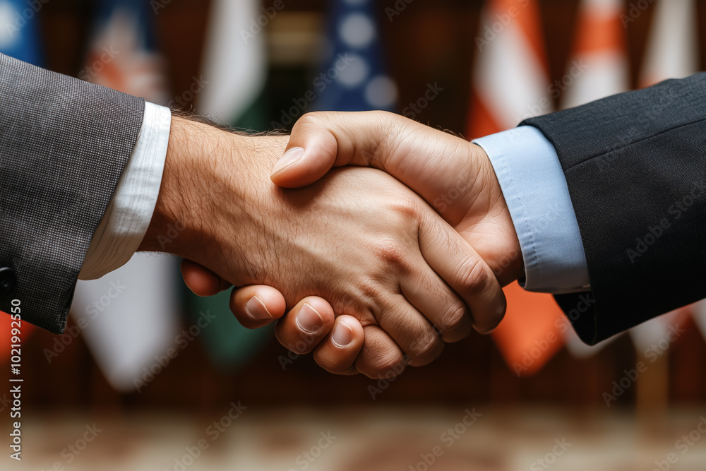 Diplomatic handshake between representatives at an international event. Diplomatic handshake between representatives at an international event.