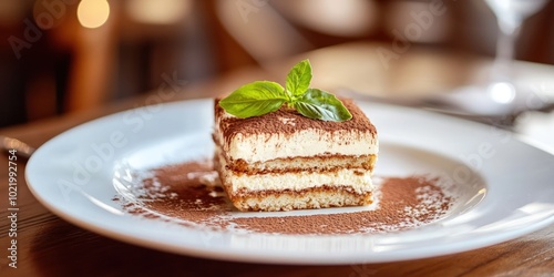 A single serving of tiramisu on a white plate with a sprig of basil on top. photo