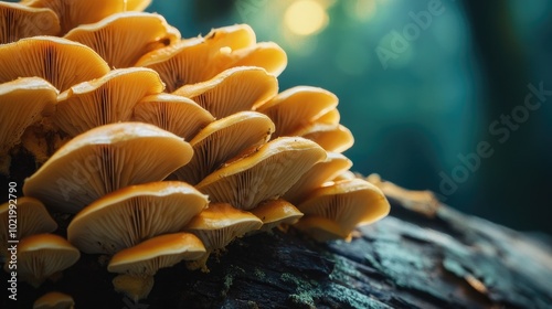 Close-Up of Vibrant Yellow Fungi on Tree Bark photo