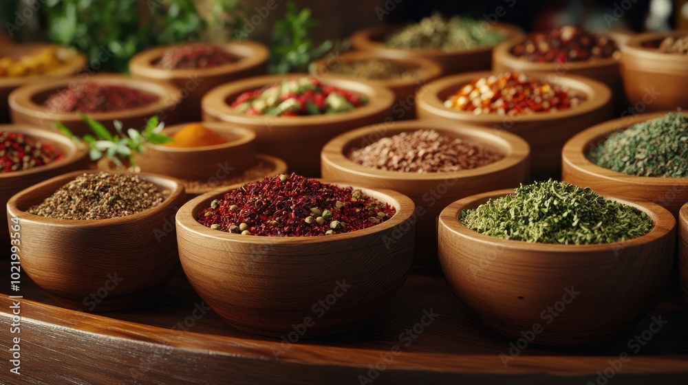 Fototapeta premium A collection of wooden bowls filled with various dried herbs and spices, elegantly arranged on a table