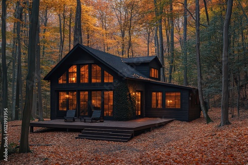  Beautiful autumn cabin with warm lights glowing inside, set in a forest filled with colorful fall leaves, perfect for a cozy woodland escape.