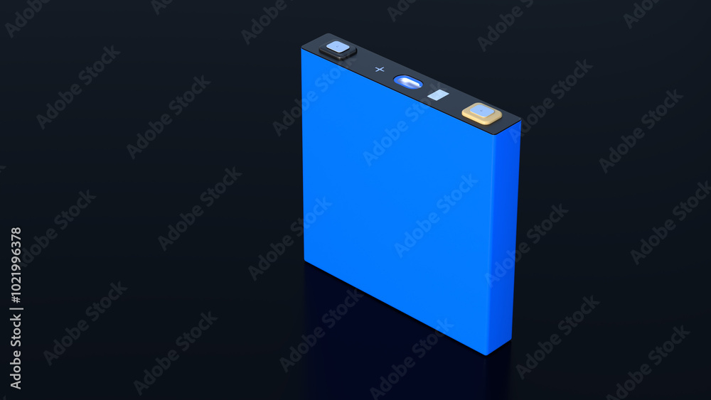 blue prismatic cell, rectangular lithium ion phosphate LFP battery for modern electric vehicles and energy storage, 3d rendering blue prismatic cell, rectangular lithium ion phosphate LFP battery for modern electric vehicles and energy storage, 3d rendering