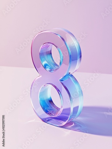 The number "8" is made of glass, transparent and in a blue gradient color, standing upright on the ground with a light purple background, with a light reflection effect, high-definition photography, m