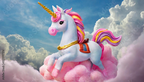 A colorful unicorn resting on fluffy clouds under a bright sky with gentle sunlight illuminating its vibrant mane photo