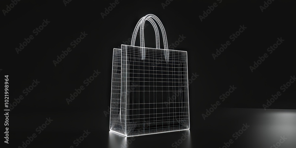  Holographic shopping bag glowing in a digital space, symbolizing future retail and innovation in virtual shopping.