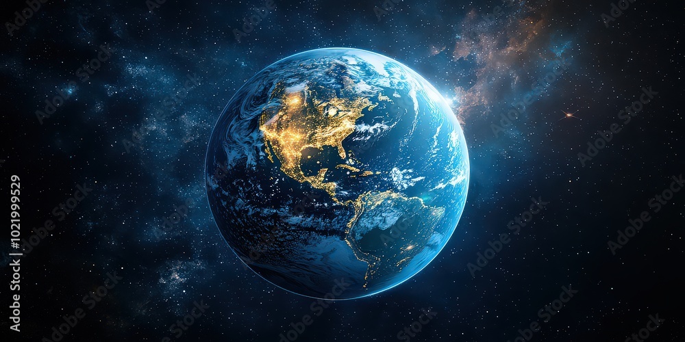 Stunning view of Earth from space, with city lights glowing on continents, showcasing our planet’s beauty and connection in the vast universe. Stunning view of Earth from space, with city lights glowing on continents, showcasing our planet’s beauty and connection in the vast universe.