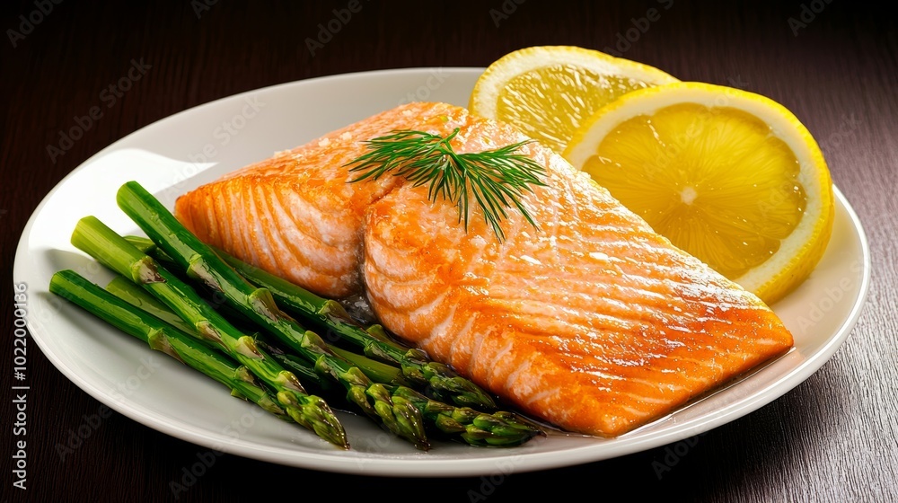 Grilled Salmon with Asparagus and Lemon Quinoa A perfectly grilled salmon fillet served alongside roasted asparagus spears and lemon-flavored quinoa, garnished with dill Grilled Salmon with Asparagus and Lemon Quinoa A perfectly grilled salmon fillet served alongside roasted asparagus spears and lemon-flavored quinoa, garnished with dill