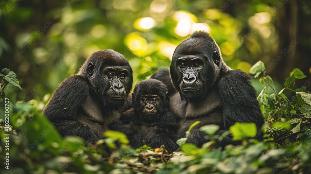 Family of Gorillas in Lush Green Habitat