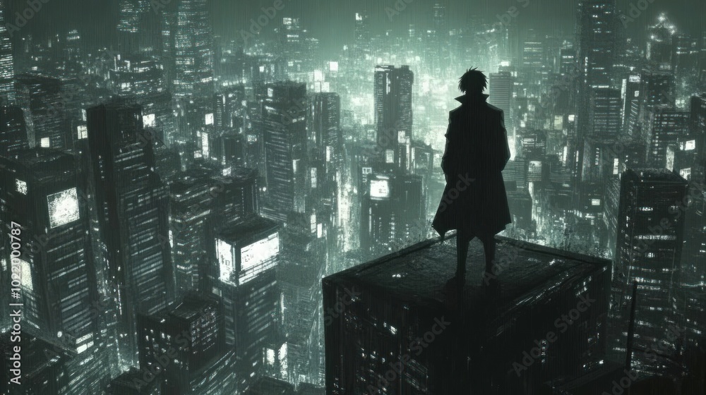 A lone figure stands on a rooftop overlooking a futuristic city at night. The city is illuminated by neon lights and the figure is silhouetted against the bright lights. A lone figure stands on a rooftop overlooking a futuristic city at night. The city is illuminated by neon lights and the figure is silhouetted against the bright lights.