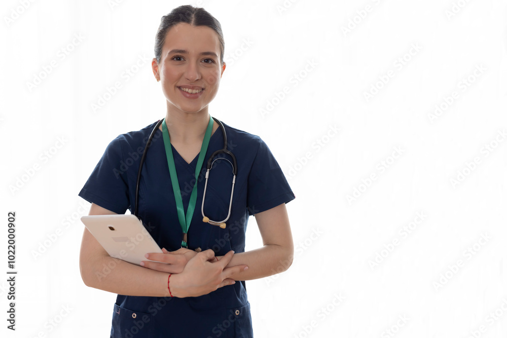 Medical concept of Indian beautiful female doctor in white coat with stethoscope, waist up. Medical student. Woman hospital worker looking at camera and smiling, studio Medical concept of Indian beautiful female doctor in white coat with stethoscope, waist up. Medical student. Woman hospital worker looking at camera and smiling, studio