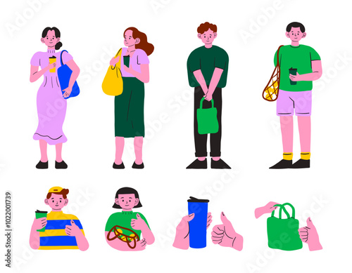 Eco-Friendly People Using Reusable Items Set. A collection of eco-conscious people using reusable items like tumblers and bags, promoting sustainability and green living