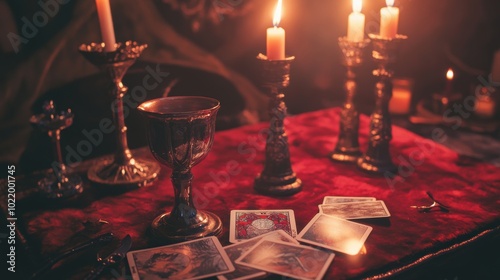  altar, covered in deep red velvet, with flickering candles, silver chalice, and Tarot cards ,  ceremonial dagger