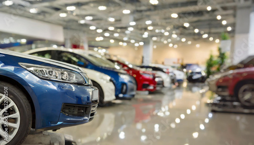 A busy car dealership showcasing a variety of vehicles under bright lights with shiny floors in the afternoon