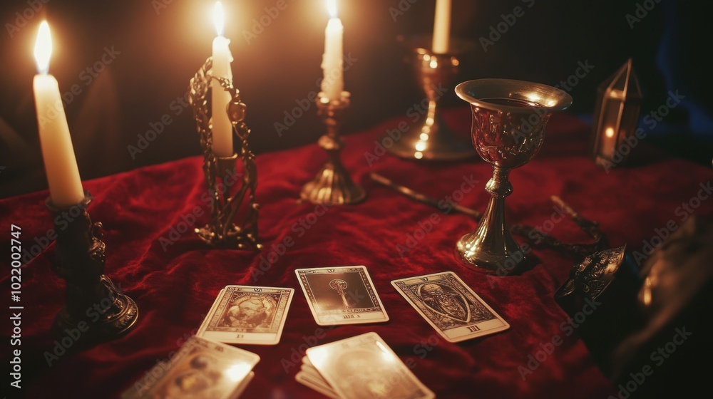 Fototapeta premium altar, covered in deep red velvet, with flickering candles, silver chalice, and Tarot cards , ceremonial dagger