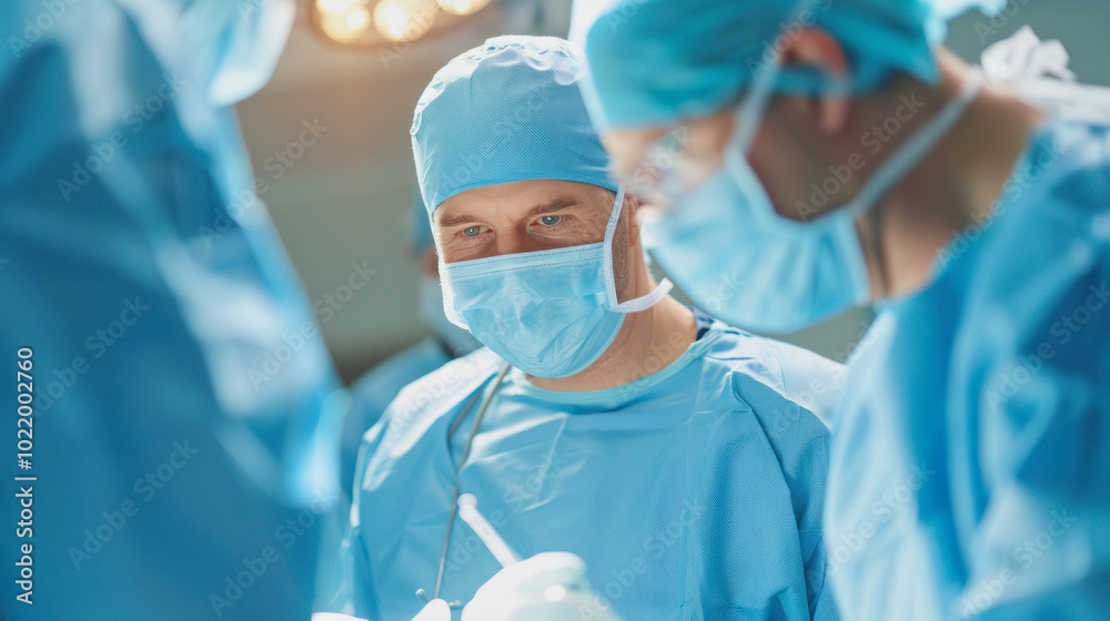 Surgeons performing a complex medical procedure in an operating room during a scheduled surgery Surgeons performing a complex medical procedure in an operating room during a scheduled surgery