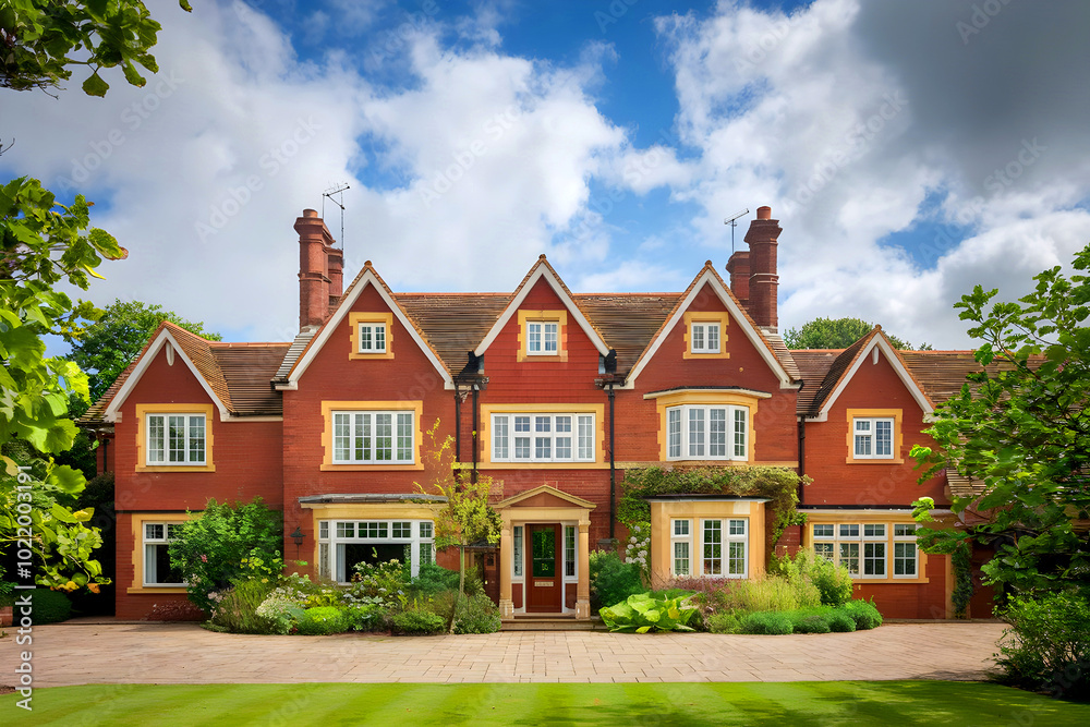 Exterior house: Very beautiful luxury mansion. Country House, UK, cloudy sky. Exterior house: Very beautiful luxury mansion. Country House, UK, cloudy sky.
