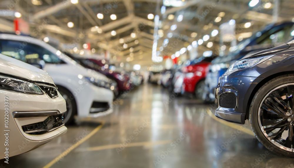 A busy car dealership showcasing various new and used vehicles in a large indoor showroom during daylight hours