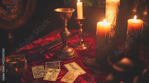  altar, covered in deep red velvet, with flickering candles, silver chalice, and Tarot cards ,  ceremonial dagger