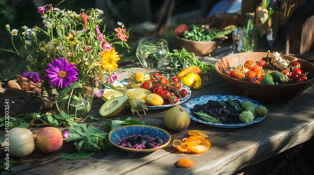 A lively Midsummer feast with wildflowers and fresh produce A lively Midsummer feast with wildflowers and fresh produce