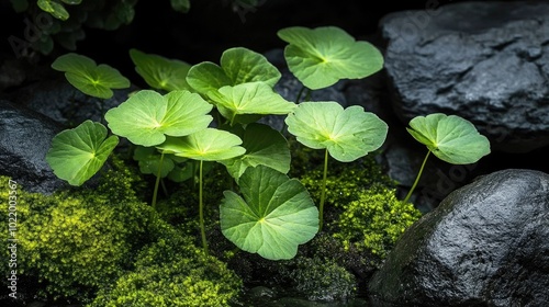 Fresh Green Leaves Among Smooth Black Stones