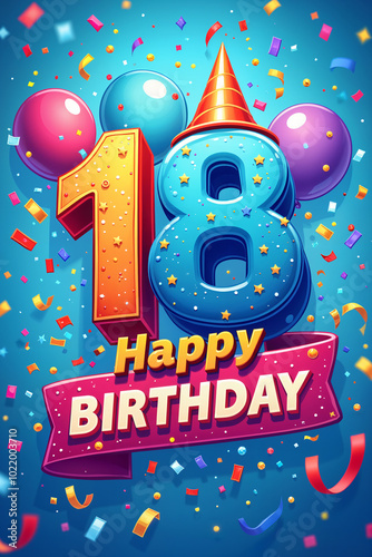 18th birthday card. Vibrant birthday greeting with the number 18 prominently displayed, surrounded by colorful balloons and confetti, set against a blue background.