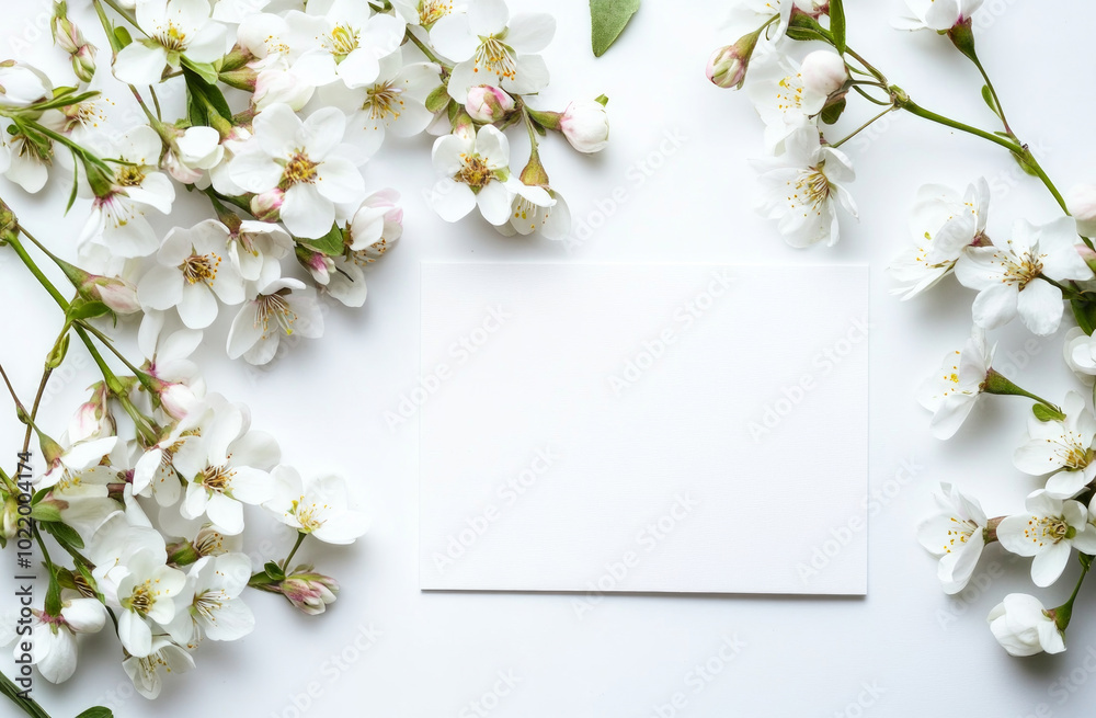 White spring flowers frame surrounding blank card with Copxspace White spring flowers frame surrounding blank card with Copxspace