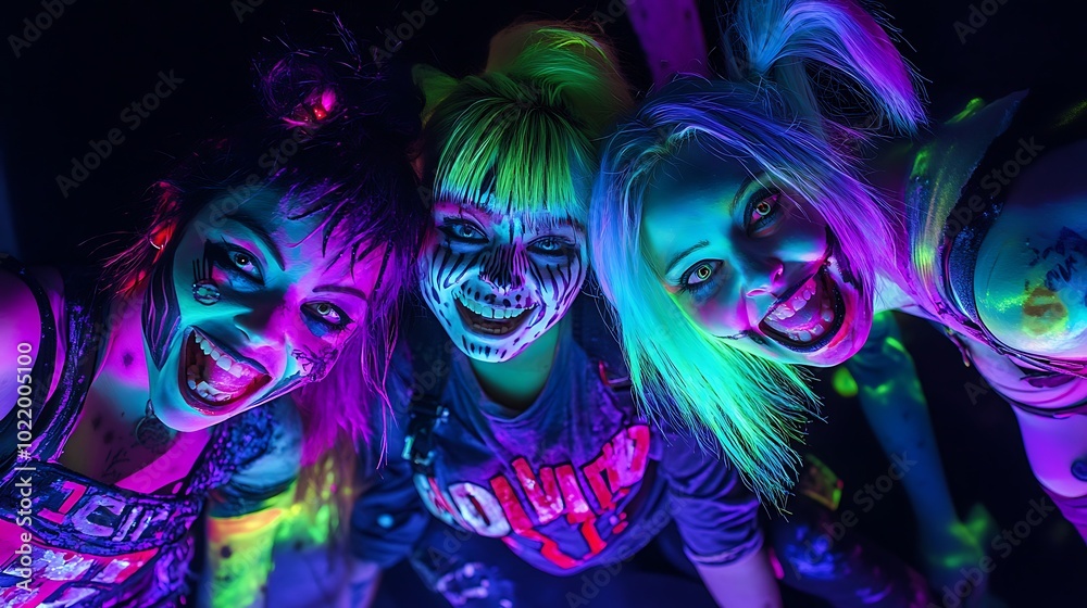 Four women with neon glow paint on faces and clothes, smiling and looking up at the camera. Four women with neon glow paint on faces and clothes, smiling and looking up at the camera.