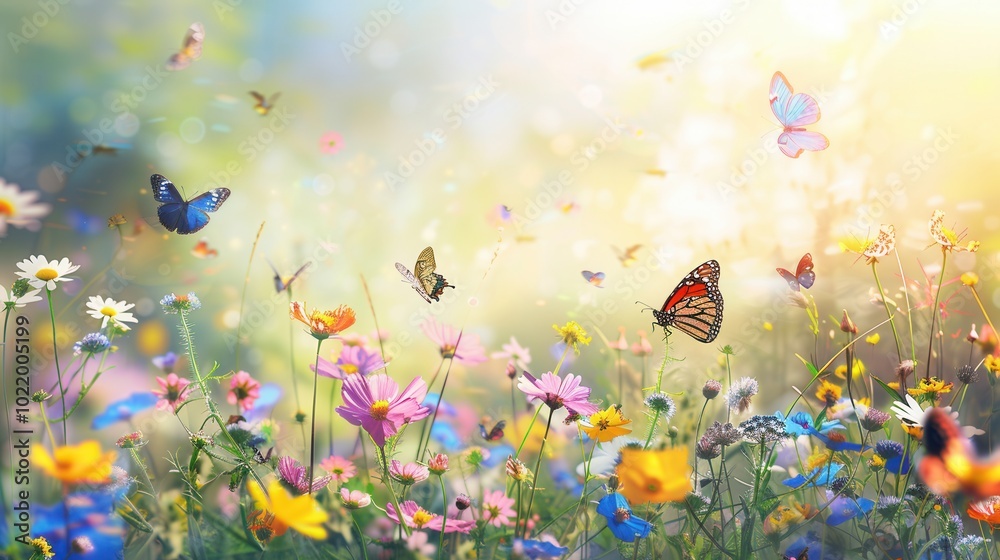 A serene meadow bursts with colorful flowers as butterflies dance joyfully in the sunlight, creating a lively atmosphere. Generative AI A serene meadow bursts with colorful flowers as butterflies dance joyfully in the sunlight, creating a lively atmosphere. Generative AI