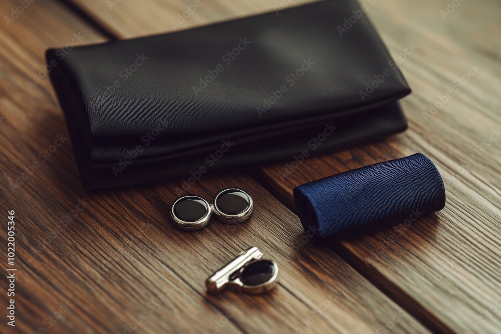 Elegant Cufflinks And Folded Tie With Leather Case On Wooden Surface Elegant Cufflinks And Folded Tie With Leather Case On Wooden Surface