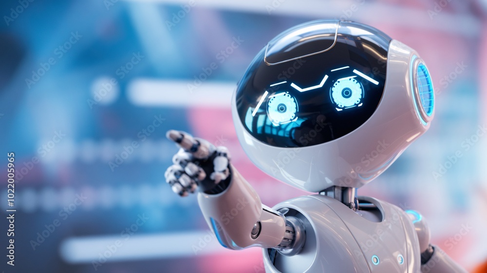 The Future is Now: A futuristic robot with glowing blue eyes points towards the horizon, signifying a bold vision for technological advancement. The Future is Now: A futuristic robot with glowing blue eyes points towards the horizon, signifying a bold vision for technological advancement.