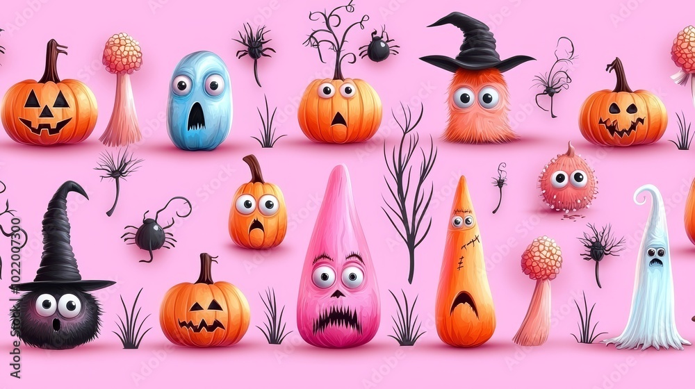 Fototapeta premium Eerie Flat Design Pattern with Characters and Creatures
