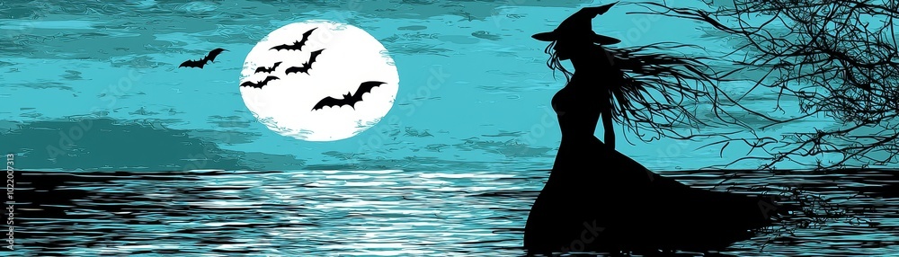 Naklejka premium Eerie Magic Seamless Pattern with Witch and Bats