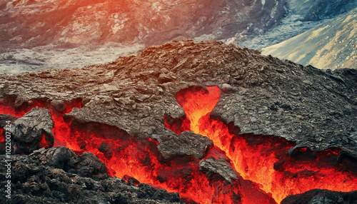 Lava flowing from a fissure in a volcanic landscape during an eruption at sunset creating a dramatic geological display