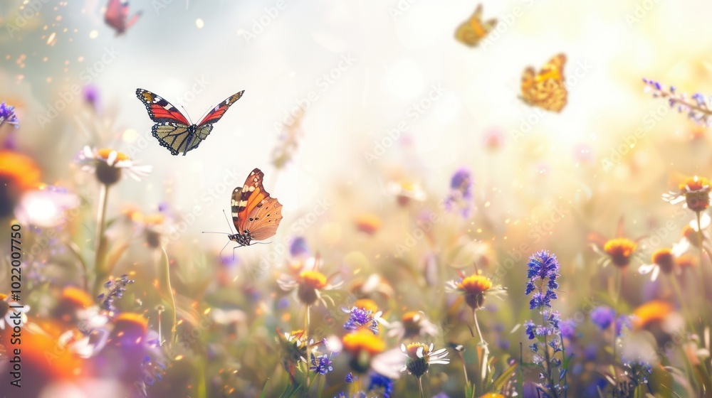 Colorful butterflies dance around a variety of blooming meadow flowers, creating a lively and tranquil atmosphere in nature. Generative AI Colorful butterflies dance around a variety of blooming meadow flowers, creating a lively and tranquil atmosphere in nature. Generative AI