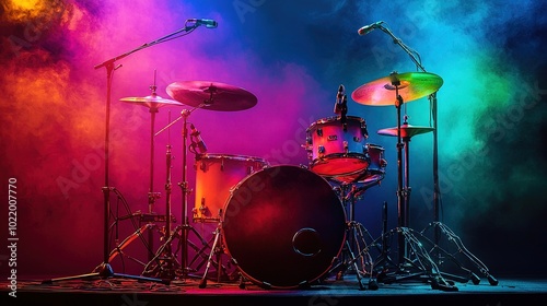 A vibrant drum kit illuminated by colorful lights, surrounded by a smoky atmosphere, ready for a live performance.