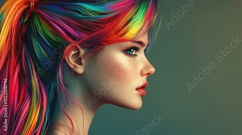 Colorful Rainbow Hair Woman Portrait, Digital Art