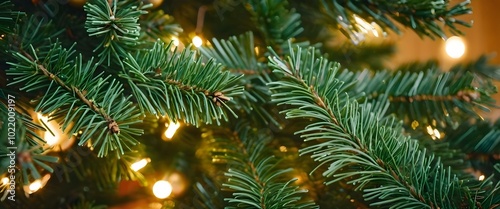 Christmas pine tree branches with lights. AI generated
