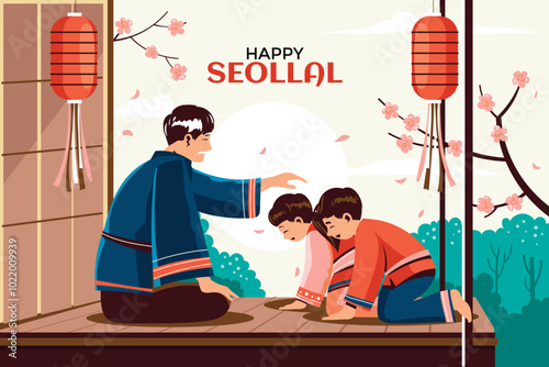 Happy Seollal Illustration with Family Gathering background