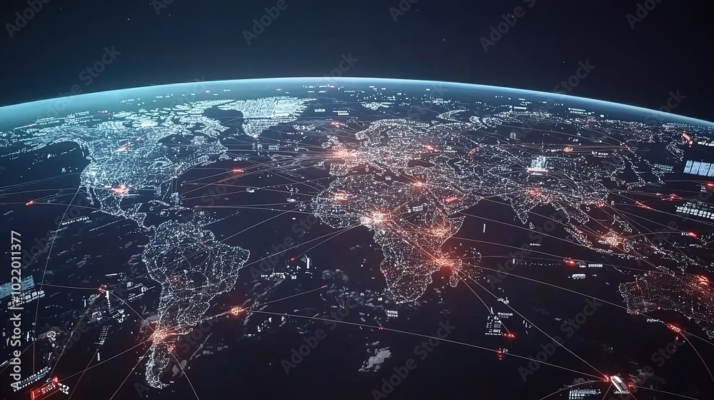 A vibrant, nighttime view of Earth from space, showcasing illuminated cities and geographical features against a dark background. A vibrant, nighttime view of Earth from space, showcasing illuminated cities and geographical features against a dark background.