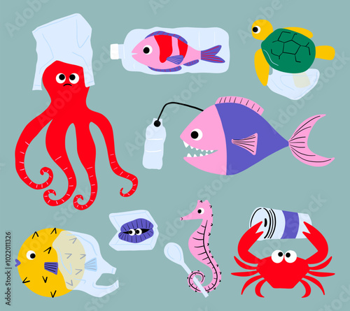 Marine Life Suffering from Plastic Pollution Set. A collection of marine creatures harmed by plastic pollution, highlighting the environmental crisis of ocean plastic waste