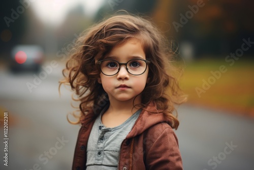 Portrait of a cute little girl with long curly hair and glasses