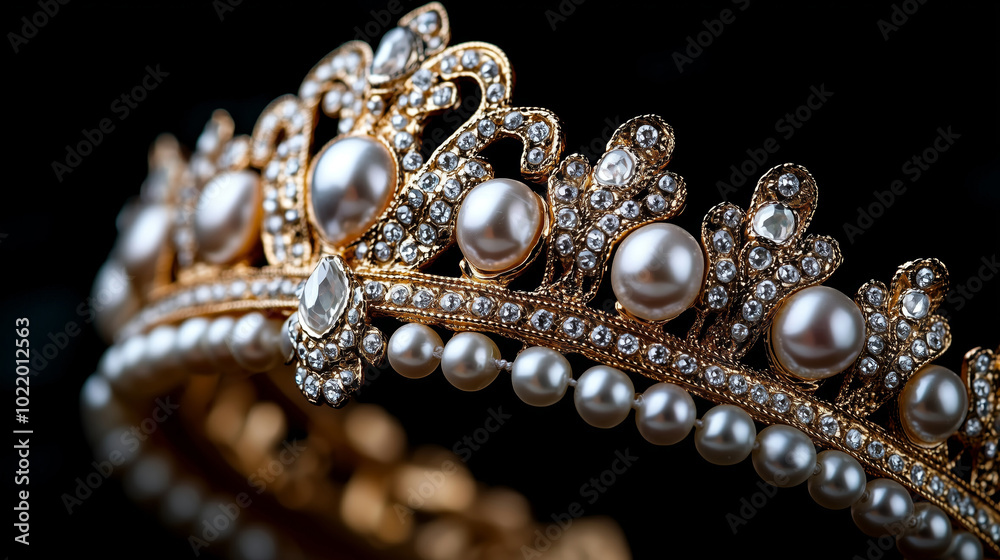 A stunning tiara adorned with pearls and crystals rests against a black surface, showcasing its intricate design and craftsmanship. A stunning tiara adorned with pearls and crystals rests against a black surface, showcasing its intricate design and craftsmanship.