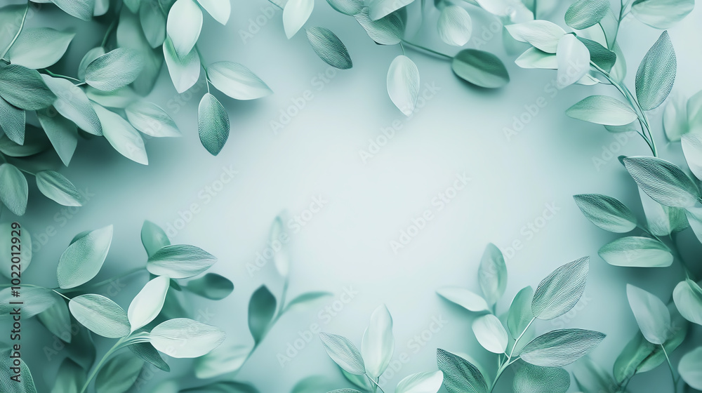 A circular arrangement of green leaves on a soft pastel background, creating a natural and serene atmosphere, perfect for nature-themed designs.