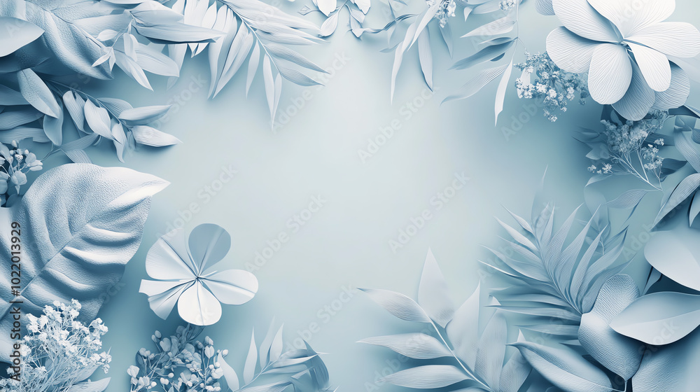 A serene arrangement of blue-themed leaves and flowers, creating a tranquil and elegant frame on a soft, pastel background. A serene arrangement of blue-themed leaves and flowers, creating a tranquil and elegant frame on a soft, pastel background.