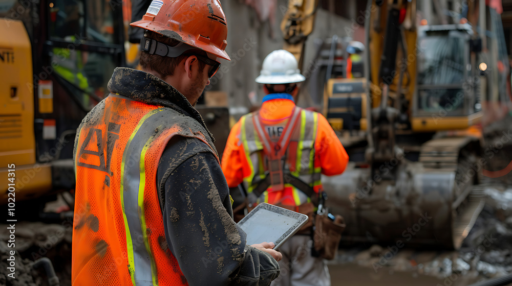 two construction workers at a construction site. One worker in the foreground is holding a tablet and wearing a hard hat and an orange safety vest with reflective stripes two construction workers at a construction site. One worker in the foreground is holding a tablet and wearing a hard hat and an orange safety vest with reflective stripes