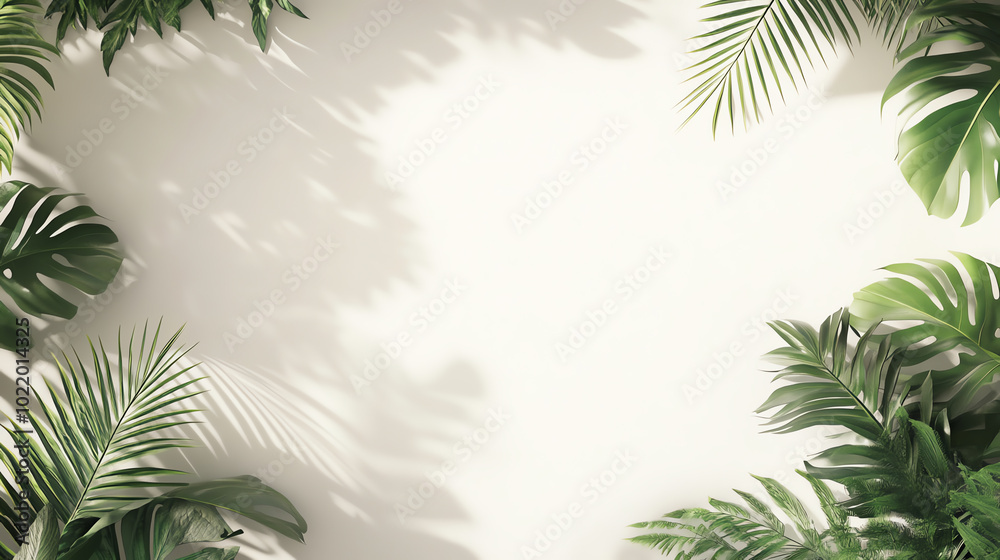 A serene composition featuring lush green palm leaves framing a plain white background, perfect for a calming and natural aesthetic.