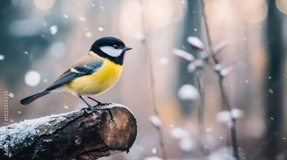 Fototapeta premium Great tit with yellow breast and dendrocopos major sitting on dry tree trunk against blurred background of winter forest
